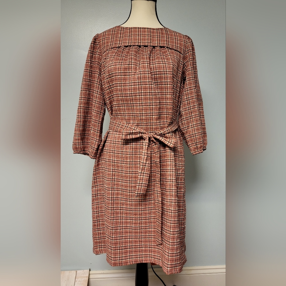 Loft plaid dress, lined, Size Small, brownish-orange color (copper)